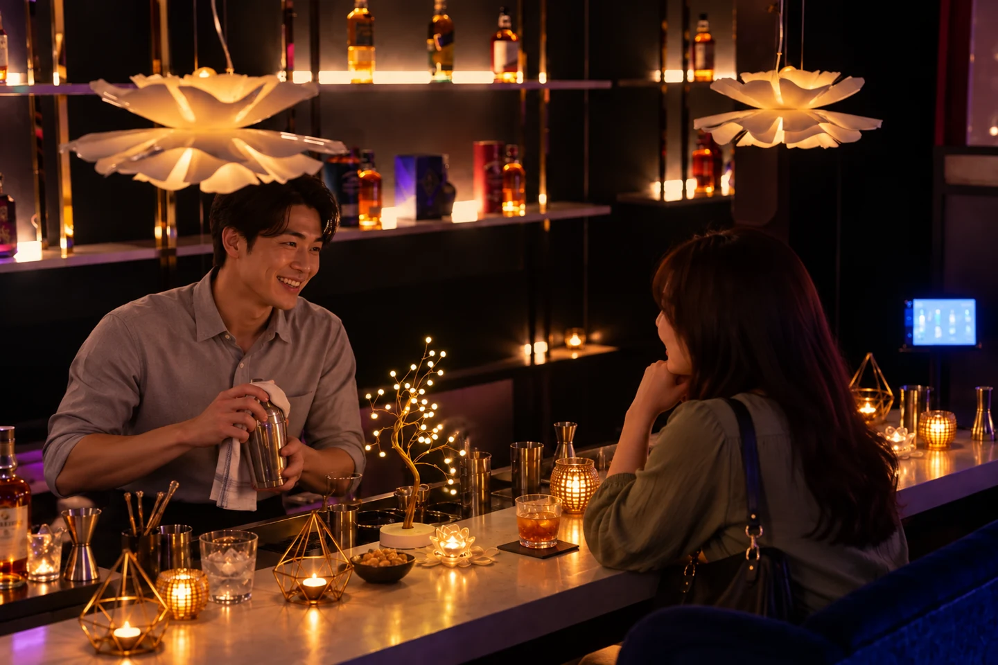 처음 방문한 손님과 바텐더가 인사하는 모습